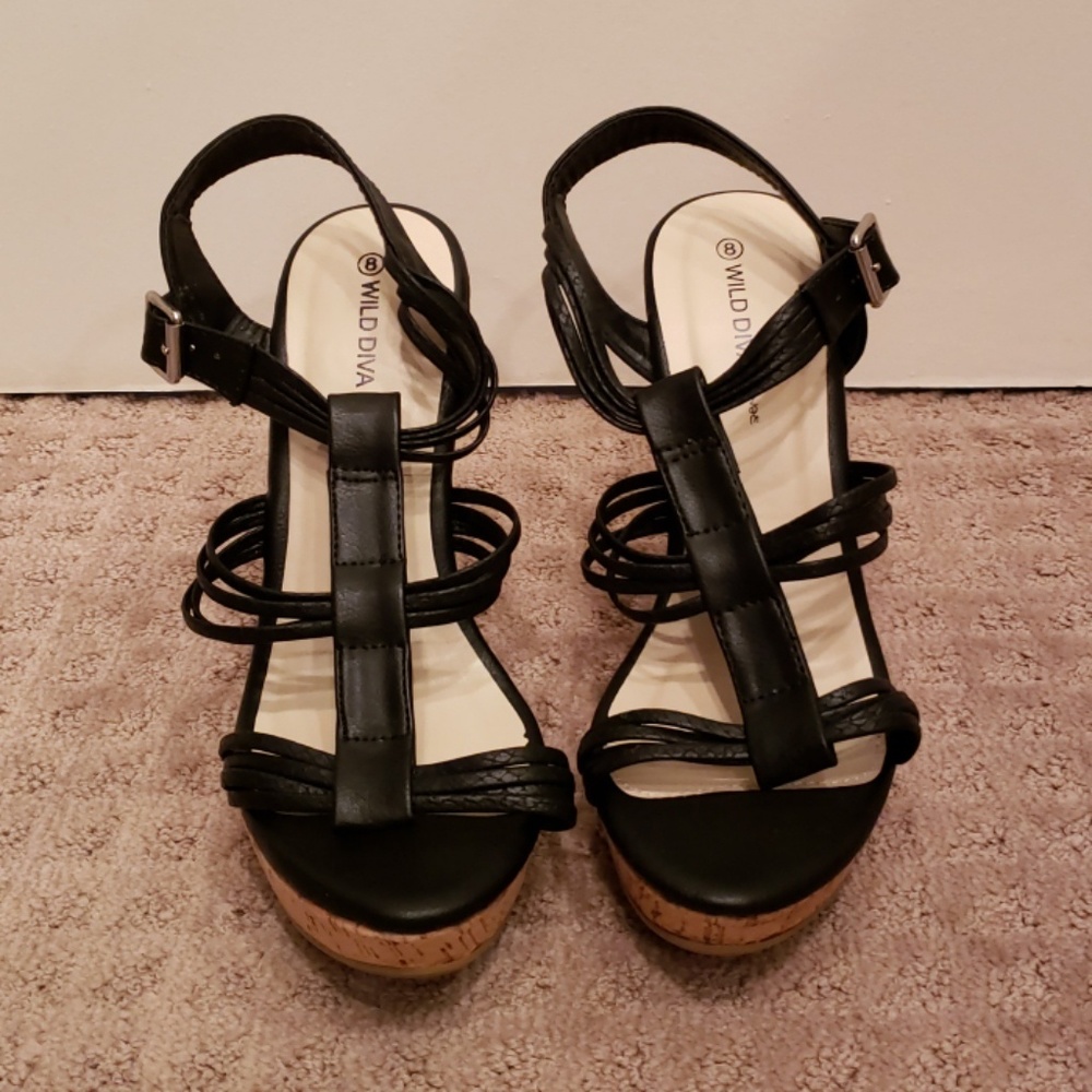 NEW! Wild Diva black cork wedge heeled sandals - 8